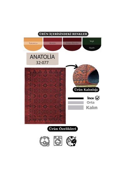 Çam Halı Anatolia 32-077 Etnik Afgan Halısı Desenli Dokuma Tabanlı Yıkanabilir Şönil Salon Ve Oda Halısı Krem - Kırmızı