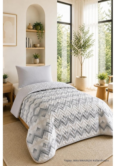 Tek Kişilik Pike Çift Taraflı Kapitone Pike Ve Yatak Örtüsü Takımı 160x230 Cm Desenli Çarşafsız Gri, T Diğer