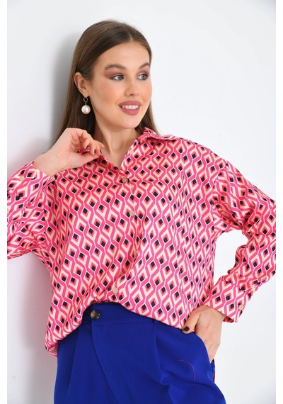 Fuşya Desenli Oversize Uzun Kol Basic Saten Gömlek 001