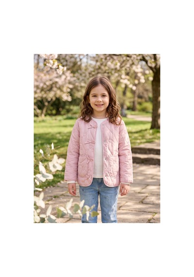 Deniva Kids Kız Çocuk Pudra Pembe Kalp Kapitone Fiyonk Detaylı Mevsimlik Ceket Mont