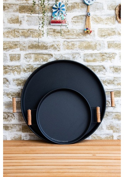 2'li Ahşap Kulplu 45 Cm Siyah Metal Tepsi Ve 30 Cm Siyah Tepsi Çay Kahve Sunum Tepsisi Siyah