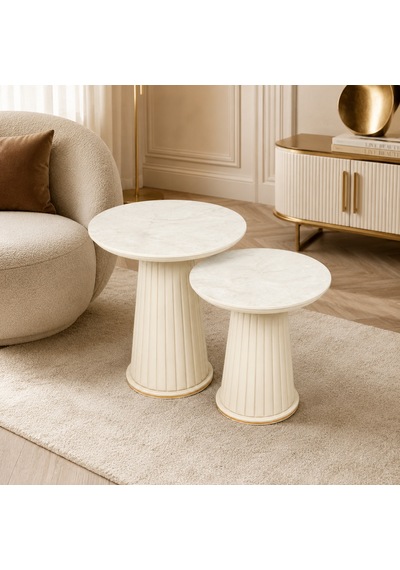 Ganni Home Angel 2 Li Zigon Sehpa Seti Beyaz Mermer Beyaz, Gold Detaylı Şık Ve Modern Tasarım