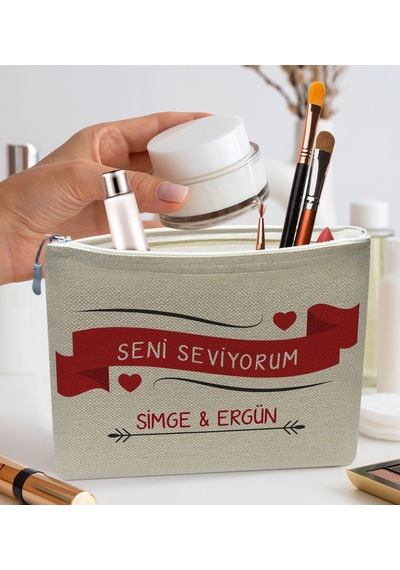 Bk Gift Kişiye Özel Keten Makyaj Çantası, Sevgiliye Hediye, Arkadaşa Hediye, Sevgililer Günü Hediyesi, Doğum Günü Hediyesi-10