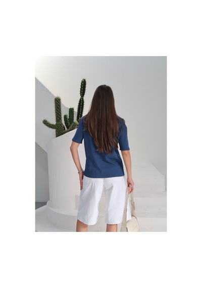 Paw Garage Kadın Massi İnterlok Kumaş V Yaka Oversize T-shirt Mavı