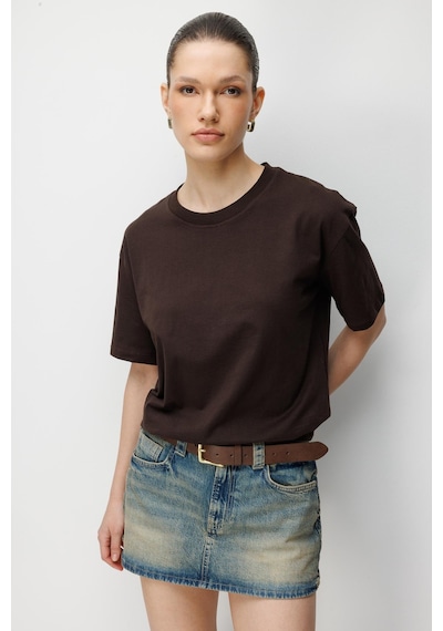 Mixray 4851 Kadın Oversize Fit Bisiklet Yaka Basic T-shirt Kahve Kahverengi