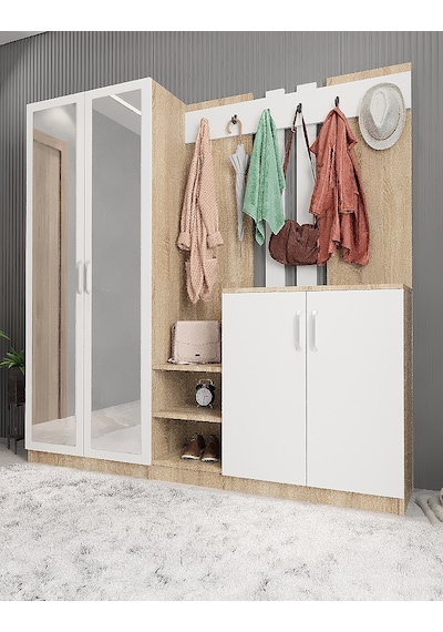 Flora Aynalı Portmanto Vestiyer  Meşe - Beyaz 225  CM