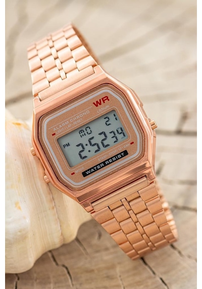 Rose Bakır Renk Retro Dijital Kadın Kol Saati Çelik Kordonlu Alarm Ve Kronometre St-304462