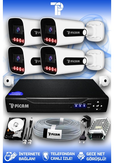Picam 4 Kameralı Zebra 4 Dış Kamera Set 1 Tb 5 Mp 2k Net Gece Görüşlü Güvenlik Kamerası Sistemi