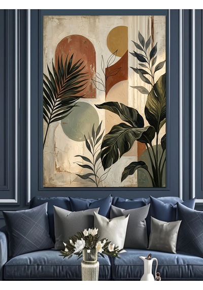 Pastel Tonlarda Modern Bitki Kolajı Dekoratif Kanvas - Mdf Ahşap Tablo