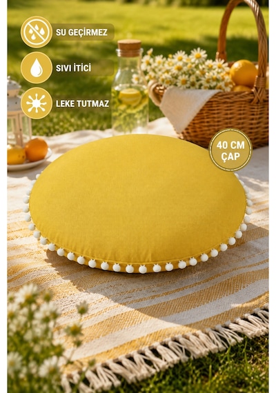 Yuvarlak Minder 40 Cm Ponponlu Su Geçirmez Leke Tutmaz Sıvı İtici Ev Bahçe Piknik Oturma Minderi Çok Renkli