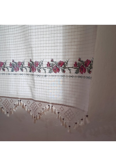 Kırmızı Kanaviçeli Doğal Pamuklu Güneşlik Perde Buldan - Bodrum Bej - Krem