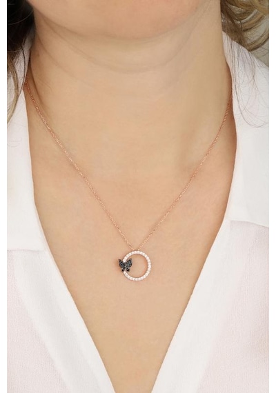 Siyah Taşlı Kelebekli Halka Gümüş Kolye Rose Gold