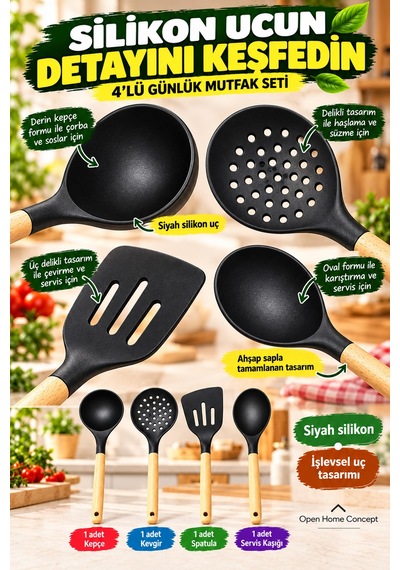4 Lü Ahşap Saplı Siyah Silikon Mutfak Seti 31cm Kepçe Kevgir Spatula Servis Kaşığı Pişirme Ve Servis