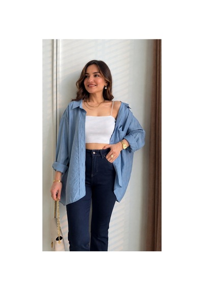 Moda Banuş İndigo Mavi Düşük Omuzlu Gömlek