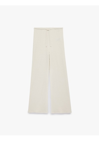 Koton Koton X Melis Ağazat - Bürümcük Kumaş Beli Bağcıklı Düz Bol Paça Pantolon Ekru 6sak40123ek