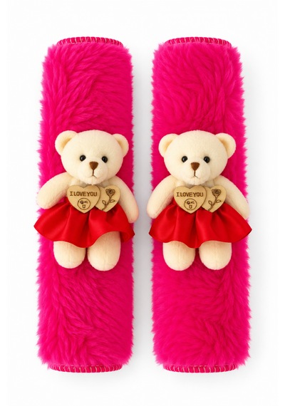 Kemboss Pembe Peluş Ayıcıklı 2'li Emniyet Kemeri Pedi Ve 2'li Araç Boyun Yastığı Kadınlara Özel Oto Seti 2'li Set