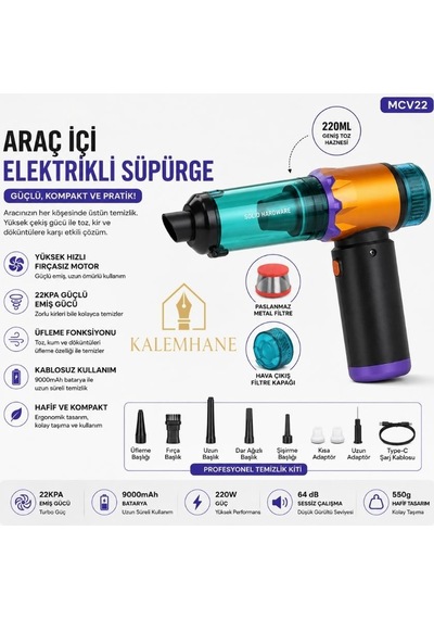 Kalemhane 22 000kpa Dijital Hızlı Şarj Oto Süpürge 220 Ml