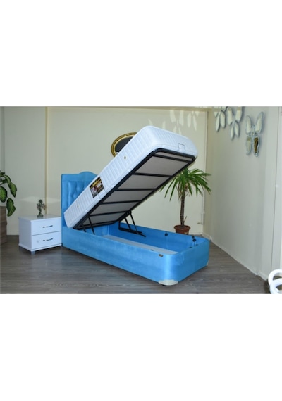 Baza Yatak Başlık TURKUAZ MAVİ Silin Model Metal Fırın Boya 90*190 cm Ful Ortopedik Yatak El Yapım