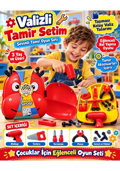 Oyuncak Çekçek Valizli Aksesuarlı Makyaj Doktor Tamir Set Taşınabilir Tekerlekli Renkli Çantalı Bavul Güzellik Eğitici Meslek Seti 50x25 Cm Çok Renklii