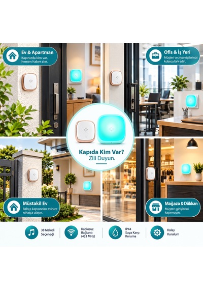Hpytech Kablosuz Kapı Zili Seti 2 Alıcılı Ip44 Su Geçirmez 38 Melodi 433mhz Kolay Montaj
