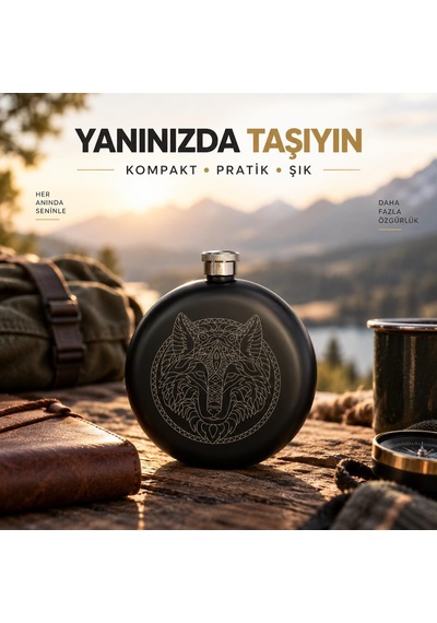 Kurt Desenli Paslanmaz Çelik İçki Matarası 240 Ml 8 Oz Cep Matarası Hunili Kamp Outdoor Erkek Hediye Siyah