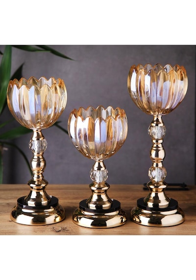 3 Lü Kristal Cam Şamdan, Vazo Gold Metal Ayak 4470