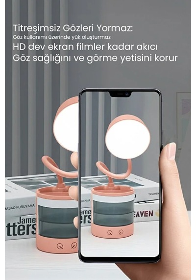 Göz Korumalı Led Masa Lambası Mavi Işık Filtreli, 4 Işık Modlu, Telefon Tutuculu, 360 Esnek Gövde Pembe
