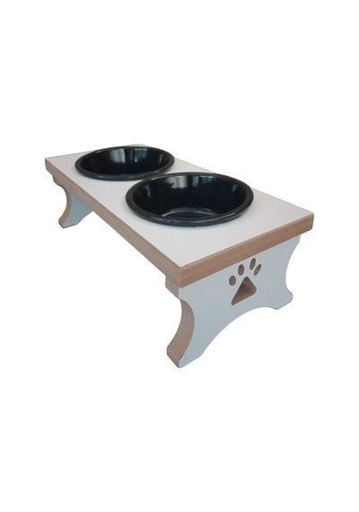 Ahşap Kedi & Köpek Su Ve Mama Kabı Standı - Beyaz Mdf - 2'li Model - Siyah Seramik Kase - 2 400ml