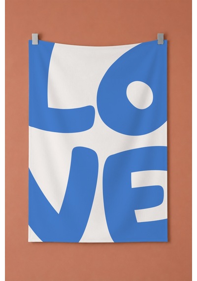 Love Mavi Tipografi Yazı Temalı Modern Dekoratif Duvar Örtüsü Duvar Halısı Beyaz