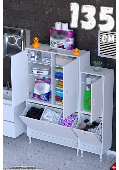 Efil 135 Cm 3 Kapaklı Raflı Ve 3 Bölmeli Sepetli Çok Amaçlı Banyo Dolabı - Beyaz 95+40 X160x32 Cm Efil 135 Cm 3 Kapaklı Raflı Ve 3 Bölmeli Sepetli Çok Amaçlı Banyo Dolabı - Beyaz 95+40 X160x32 Cm