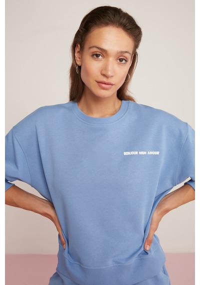 Ethıquet Sandra Kadın Pamuklu Içi Polarlı Yumuşacık Göğsü Baskılı Yuvarlak Yaka Comfort Mavi Sweatsh