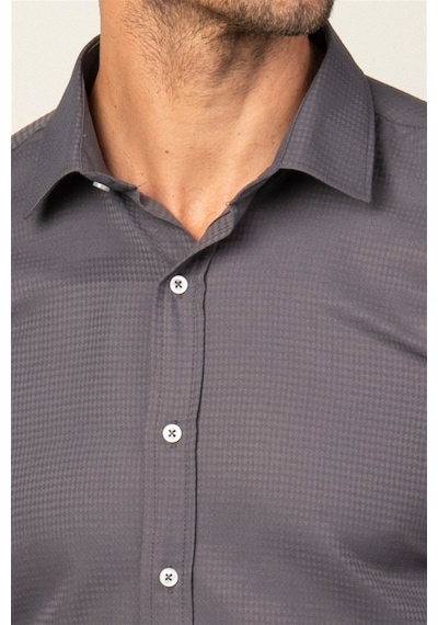 Tudors Modern Fit Uzun Kollu Armürlü Kravatlık Erkek Gri Gömlek-26541 Gri