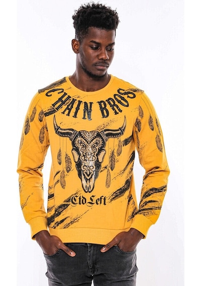 Wessi Hardal Baskılı Taşlı Bisiklet Yaka Sweatshirt Hardal