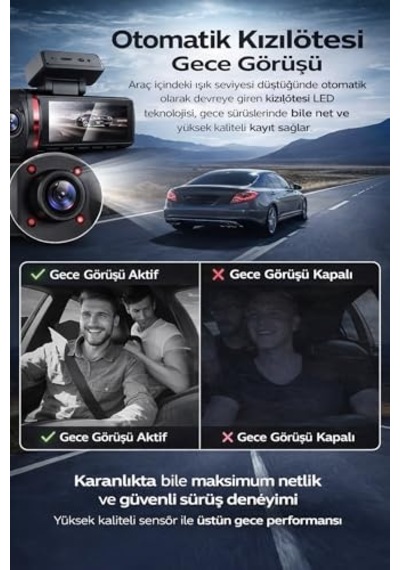 4k Ultra Hd 3 Kameralı Araç Kamerası, Wifi Ve Gps Takipli, Gece Görüşlü, G-sensörlü, Ön + İç + Arka Kayıt