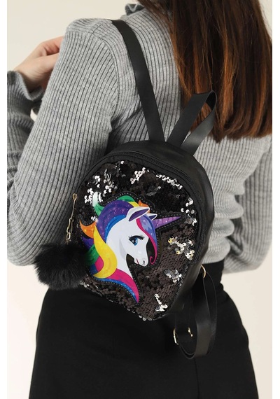 Daj Company Işıklı Pullu Unicorn Figürlü Renkli Kız Çocuk Sırt Çantası Siyah