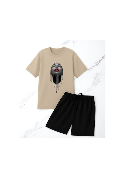 Uyguntarz Unisex Pırlantalı Kadın Portresi Tasarım Basklı Tshirt Şort Takımı Bej