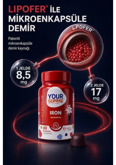 Y'our Gummie Iron Lipofer Demir Takviyesi Çilek Aromalı 60 Çiğnenebilir Jel