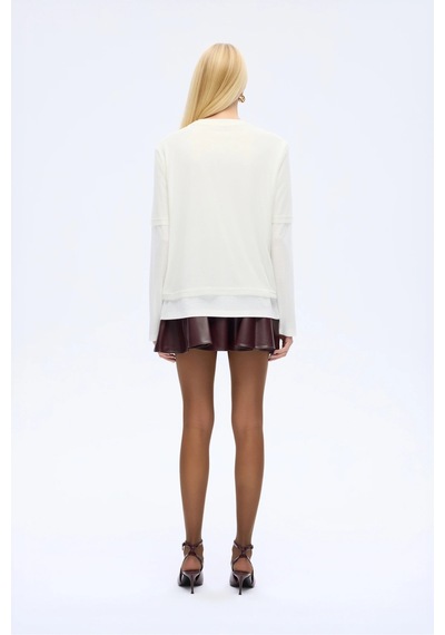 Quzu Tül Tişört Garnili Oversize Sweatshirt Ekru Ekru