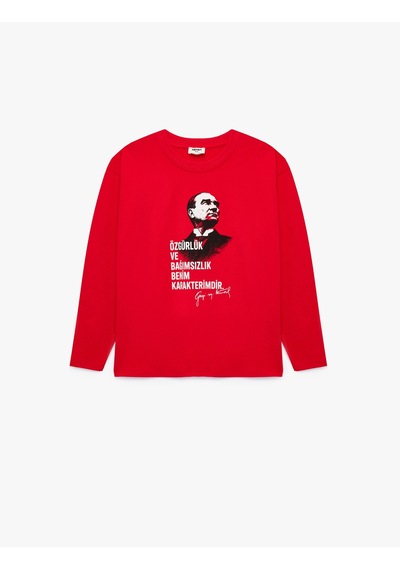 Koton Atatürk Baskılı Pamuklu Bisiklet Yaka Uzun Kollu Tişört Kırmızı 7wkb10528tk