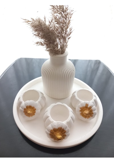Tabakta 3'lü Mini Balkabağı Vazo Dekoratif Set Beyaz 03