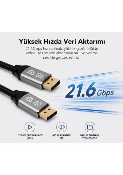 3 Metre Displayport 1.2 Premium 4k Uhd Kablo - 21.6gbps Hız, 4k 60hz, 2k 165hz, 1080p, Ultra Hd, Displayport 1.2 Uyumlu, Derin Renk Desteği Zr836 3 Metre
