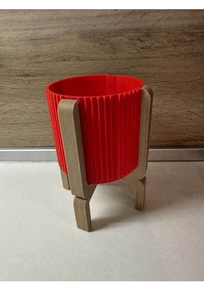 3d Baskı Ayaklı Çizgili Saksı - Bej Standlı Dekoratif Saksı - Kırmızı