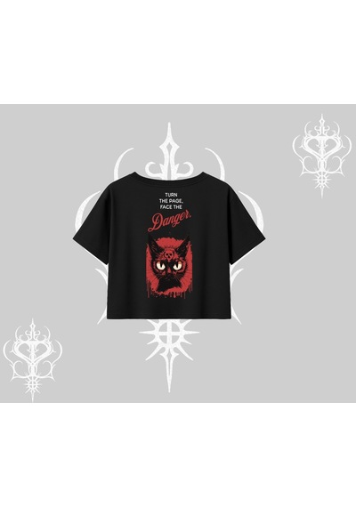 Startmore Startmore Gotik Kedi Arka Baskılı Oversize Crop Tshirt Siyah