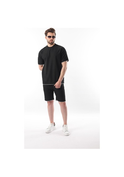 Madmext Siyah Nakış Detaylı Erkek Şort T-shirt Takım E7305 Siyah