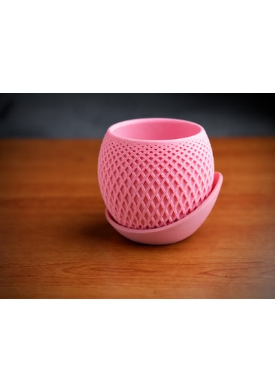 3d Baskı Küre Saksı - Kafes Dokulu İki Parçalı Dekoratif Saksı - Pembe-pembe