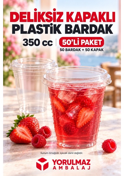 350 Cc Deliksiz Kapaklı Sızdırmaz Pet Bardak 50'li 40
