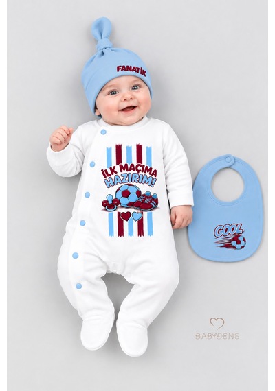 Babyden's 3'lü Bebek Tulum Seti %100 Pamuk Taraftar Temalı Bordo Mavi İlk Maçıma Hazırım Baskılı Şapka Önlük Seti Bordo - Mavi