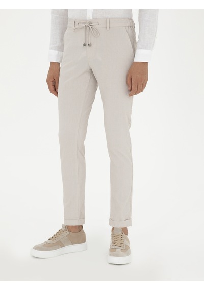 Cacharel Bej Slim Fit Beli Bağcıklı Kanvas Pantolon