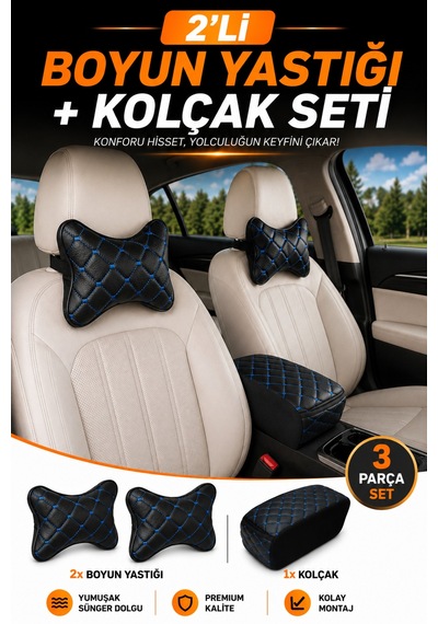 Ecarteks Sünger Kolçak Ve Boyun Yastığı Seti Mavi Dikişli Siyah Universal Oto Aksesuar