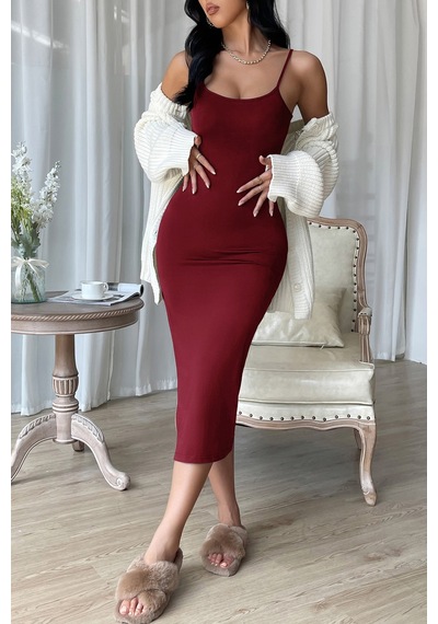 Ang Butik Kadın Bordo Yırtmaçlı Diz Altı Vücüdu Saran Gecelik